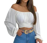 Damen Sommer Schulterfreie Crop Tops Rüschen Laterne Ärmel Krawatte Zurück Bluse Shirt(M-Weiß)