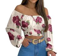 Damen Sommer Schulterfreie Crop Tops Rüschen Laterne Ärmel Krawatte Zurück Bluse Shirt(M-Weißer Rosendruck)