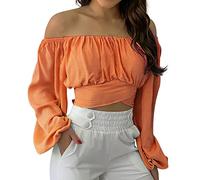 Damen Sommer Schulterfreie Crop Tops Rüschen Laterne Ärmel Krawatte Zurück Bluse Shirt(S-Orange)