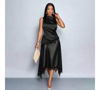 Damen Sommer schwarzer asymmetrischer Spitzensaum eleganter romantischer Satinrock, A-Linien Rock, altmodische Kreuzfahrt-Garderobe für Hochzeitsgäste