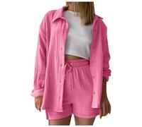Damen Sommer Set 2-Teilig Crinkle-Optik Elegante Langarm Hemdbluse mit Tasche High Waist Shorts mit Kordelzug Casual Lockerer Freizeitanzug Luftiges Urlaubs-Outfit Strand-Set