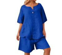Damen Sommer Set 2-Teilig Leinen-Optik Plus Size Lockerer Hemdbluse High Waist Shorts mit Taschen Kurzarm/3/4-Arm Freizeitanzug Elegantes Strand-Outfit City-Set