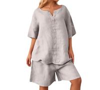 Damen Sommer Set 2-Teilig Leinen-Optik Plus Size Lockerer Hemdbluse High Waist Shorts mit Taschen Kurzarm/3/4-Arm Freizeitanzug Elegantes Strand-Outfit City-Set