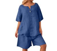 Damen Sommer Set 2-Teilig Leinen-Optik Plus Size Lockerer Hemdbluse High Waist Shorts mit Taschen Kurzarm/3/4-Arm Freizeitanzug Elegantes Strand-Outfit City-Set