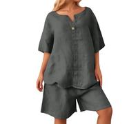 Damen Sommer Set 2-Teilig Leinen-Optik Plus Size Lockerer Hemdbluse High Waist Shorts mit Taschen Kurzarm/3/4-Arm Freizeitanzug Elegantes Strand-Outfit City-Set