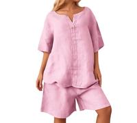 Damen Sommer Set 2-Teilig Leinen-Optik Plus Size Lockerer Hemdbluse High Waist Shorts mit Taschen Kurzarm/3/4-Arm Freizeitanzug Elegantes Strand-Outfit City-Set