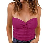 Damen Sommer Sexy Tube Top Y2K Striped Twist Front Strick Oberteil Trägerloses Crop Tops Aushöhlen Ärmelloses Rückenfreies Schlauchtop Frauen Twist Knot Front Solid Knit Bandeau Tube Top