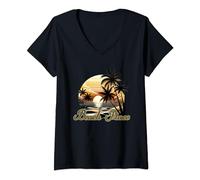 Damen Sommer Sonne Strand Meer Palmen Urlaub T-Shirt mit V-Ausschnitt