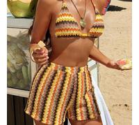 Damen Sommer Strand Bunt Gestreift Strukturierte Strick Jacquard Neckholder Bikini Oberteil Und Dreieck Unterteil Mit Lässigen Shorts Badeanzug Set, U
