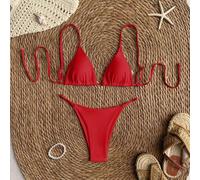 Damen Sommer Strand einfarbig Spaghetti-Träger sexy Bikini Bademode Set, roter Bikini Set, rote Badeanzug Damen Zwei-Teiler Sets, Bademode Urlaub Biki