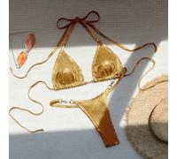 Damen Sommer Strand einfarbiger metallischer Neckholder Bikini Set mit Schleife, Badeanzug