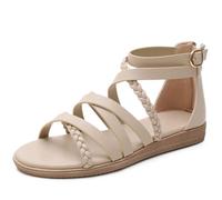 Damen Sommer Strand Flache Sandalen runden Kopf dicken Boden offene Zehe im Freien Sport Hausschuhe mit zurück Reißverschluss Klassische römische Thongs Fuß Gladiator Sandalen,Apricot,37 EU