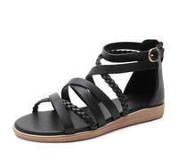 Damen Sommer Strand Flache Sandalen runden Kopf dicken Boden offene Zehe im Freien Sport Hausschuhe mit zurück Reißverschluss Klassische römische Thongs Fuß Gladiator Sandalen,Schwarz,36 EU