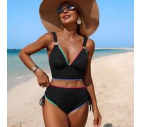 Damen Sommer Strand Lässig Urlaub strukturierter Stoff Kontrastfarbe Häkel Metall Ring Hohe Taille Shorts, Schwarzes Weste Camisole Bikini Badeanzug S