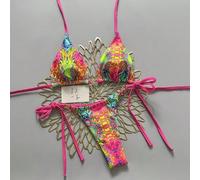 Damen Sommer Strand Voll-Muster Neckholder Sexy Bikini und Dreieck Slip Badeanzug Set, tropischer Bikini, brasilianischer Bikini, gemusterter Bikini S