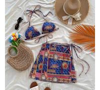 Damen Sommer Strandoutfit im Retro-Muster mit Blumen, Set aus Spaghettiträger-DreiecksTop und Wickel-Minirock, Festival, Ibiza Outfit, Urlaubskleidung