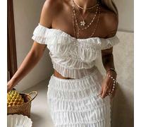 Damen Sommer Strandurlaub einfarbiges plissiertes Off-Shoulder kurzes Top und Rock 2-teiliges Set, weißer lässiger Stil