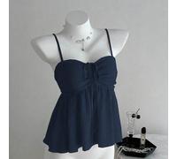 Damen Sommer süßes einfarbiges plissiertes Tank Top aus rosa Stoff, marineblaues Tanktop, zierliche Schleife mit Lotusblattsaum, Damenweste, Tank Top