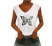 Damen Sommer Tank Tops Trendige Oberteile Schmetterling Muster Tshirt Ärmellos Tanktops mit V-Ausschnitt Lose All-Match Bluse Shirt Urlaub Freizeit Pullover Sportshirt T-Shirts für Jeans Beachwear
