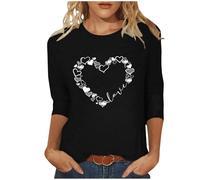 Damen-Sommer-Top, 3/4-Ärmel, Herz-T-Shirt, Valentinstags-T-Shirt, Rundhalsausschnitt, lockeres Sommer-Shirt, lockeres Top, lässiges T-Shirt für Ausgehen, Büro, Arbeit, Strand, C Schwarz, XXL