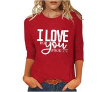 Damen-Sommer-Top, 3/4-Ärmel, Herz-T-Shirt, Valentinstags-T-Shirt, Rundhalsausschnitt, lockeres Sommer-Shirt, lockeres Top, lässiges T-Shirt für Ausgehen, Büro, Arbeit, Strand, F Rot, XL