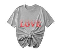 Damen-Sommer-Top, kurzärmelig, Blusen, Herz-T-Shirt, Valentinstags-T-Shirt, lockeres Sommer-T-Shirt, U-Ausschnitt, Baggy, übergroßes T-Shirt, lässig, lockeres T-Shirt, Fitnessstudio, Tunika, Hemd, L