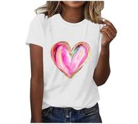 Damen-Sommer-Top, kurzärmelig, Herz-T-Shirt, Valentinstag, Blusen/Hemden, Rundhalsausschnitt, Baggy-T-Shirt, lässig, fließend, lange Blusen, Tunika, Bluse, lockere Passform, B, weiß, L