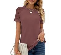 Damen Sommer Tshirt Elegant Spitze Kurzarm Rundhals T-Shirt Basic Einfarbig Tunika Oberteile Locker Bluse Top, Ziegelrot, XL
