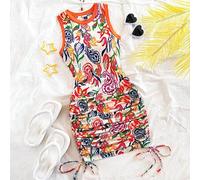 Damen Sommer Urlaub ärmelloses Mini-Kleid, Orange Colour Block, künstlerisch graffiti Paisley Muster, Kordelzug Taille mit Rüschensaum, geeignet für M