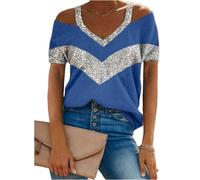 Damen Sommer V-Ausschnitt Pailletten Tops Glitzer Party Shirt Kurzarm Sparkle Blusen T-Shirt Cold Shoulder Tops V-Ausschnitt Casual Short T-Shirt Sommer Kurzarm Tunika Top Bluse T-Shirts S-5XL