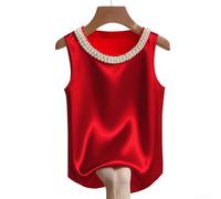Damen Sommer Weste Aus Satin Mit Perlen Verzierung Rundhals Ausschnitt Locker Schnitt Elegant Für Freizeit Büro Urlaub Festliche Anlässe Verschiedene Farben(M Red)