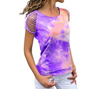 Damen Sommerblusen Hemden Batik Kurzarm Off-Shoulder Zerrissenes T-Shirt Pullover T-Shirt Lässige Kalte Langarm Front Twist Tops Damen Batik T-Shirt mit Schulterfreien Prints und Prints