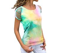 Damen Sommerblusen Hemden Batik Kurzarm Off-Shoulder Zerrissenes T-Shirt Pullover T-Shirt Lässige Kalte Langarm Front Twist Tops Damen Batik T-Shirt mit Schulterfreien Prints und Prints
