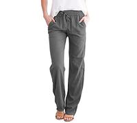 Damen Sommerhose Leicht Freizeithose Frauen Loose Fit Sweathose Straight Bein Hose Leinenhose Lange Loose Mädchen Casual Strandhose Strand Hosen Lässige Stoffhose Jogginghose Yogahose Grau M