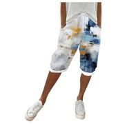 Damen Sommerhose Leicht Kurz Bedruckte Leinenhose Hohe Taille Baumwolle Leinenshorts Luftig Leinenhose Locker Strandhose mit Tunnelzug und Taschen Bermuda Shorts Outdoorhose