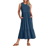 Damen Sommerkleid Ärmellos Strandkleid Lang Kleid Sommer Maxikleid Rundhals Swing Rüschen Tiered Langes Kleider mit Tasche Einfarbig Freizeitkleid Locker Etuikleid Sommerkleider