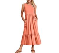 Damen Sommerkleid Ärmellos Strandkleid Lang Kleid Sommer Maxikleid Rundhals Swing Rüschen Tiered Langes Kleider mit Tasche Einfarbig Freizeitkleid Locker Etuikleid Sommerkleider