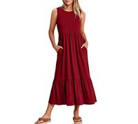 Damen Sommerkleid Ärmellos Strandkleid Lang Kleid Sommer Maxikleid Rundhals Swing Rüschen Tiered Langes Kleider mit Tasche Einfarbig Freizeitkleid Locker Etuikleid Sommerkleider