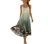 Damen Sommerkleid Blätterprint Strandkleid Spaghettiträger A-Line Locker Leicht Freizeitkleid Tunika Rundhals Casual Midi Kleid Army Green S
