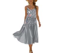 Damen Sommerkleid Blätterprint Strandkleid Spaghettiträger A-Line Locker Leicht Freizeitkleid Tunika Rundhals Casual Midi Kleid Gray XL