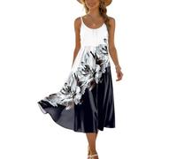 Damen Sommerkleid Blätterprint Strandkleid Spaghettiträger A-Line Locker Leicht Freizeitkleid Tunika Rundhals Casual Midi Kleid White L