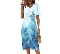 Damen Sommerkleid, Dresses For Women Leinenkleid Kurzarm V-Ausschnitt Wickelkleid Midikleid Vintage Blumen Druck Leichtes Strandkleid Sommerkleider Knopf Klassische Partykleid Abendkleid (1-Blau, S)