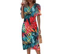 Damen Sommerkleid,Dresses For Women Shirtkleid Sommerkleid Kurzarm V-Ausschnitt Wickelkleid Elegant Sommer Strandkleid Midikleid Blumendruck Sommerkleider Cocktailkleid Knopf (2-Wassermelonenrot,L)