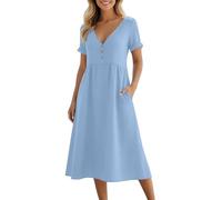 Damen Sommerkleid Elegant Halbarm Hemdkleid Party Kleider Freizeitkleider Einfarbig Midikleid Casual A Linien Kurzes Kleid,Strandkleid Damen Knielang,Ideal für Strandurlaube