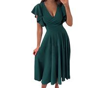 Damen Sommerkleid Elegant Halbarm Hemdkleid Party Kleider Freizeitkleider Einfarbig Midikleid Casual A Linien Kurzes Kleid,Kleid Damen Knielang,Bequem/vielseitig