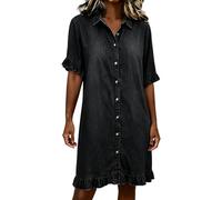Damen Sommerkleid Elegant Halbarm Hemdkleid Party Kleider Freizeitkleider Einfarbig Midikleid Casual A Linien Kurzes Kleid,Elegantes Sommerkleid Damen,Weich/atmungsaktiv