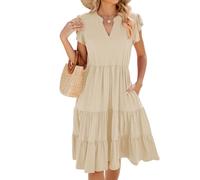 Damen Sommerkleid Elegant Kurzarm V-Ausschnitt Kleider Knielang Lose Solide Farbe Damenkleider Sommer Midi Strandkleid A Linie (DE/NL/SE/PL, Alphanumerisch, L, Regular, Regular, Light Gelb)