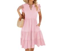Damen Sommerkleid Elegant Kurzarm V-Ausschnitt Kleider Knielang Lose Solide Farbe Damenkleider Sommer Midi Strandkleid A Linie (DE/NL/SE/PL, Alphanumerisch, S, Regular, Regular, Rosa)