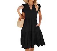 Damen Sommerkleid Elegant Kurzarm V-Ausschnitt Kleider Knielang Lose Solide Farbe Damenkleider Sommer Midi Strandkleid A Linie (DE/NL/SE/PL, Alphanumerisch, M, Regular, Regular, Schwarz)