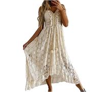 Damen Sommerkleid Elegant Maxikleid Ibiza Style Kleider Boho Kleid Spitze Ärmellos V Ausschnitt Lochstickerei Sommerkleid Frauen Spaghettiträger Rückenfrei Strandkleid Vorne Kurz Hinten Lang